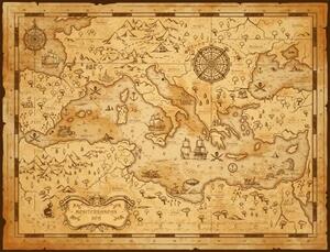 Karta Old vintage map of Mediterranean sea, pirate sail, seamartini