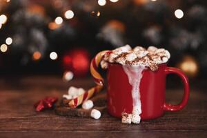 Fotografija wooden desk space red mug and xmas tree, Kseniya Ovchinnikova