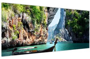 Slika - Vodeni mediteranski krajolik s čamcem (120x50 cm)