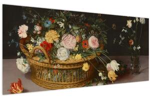 Slika - Jan Brueghel the Elder, Flowers in a Basket and a Vase, reprodukcije (120x50 cm)