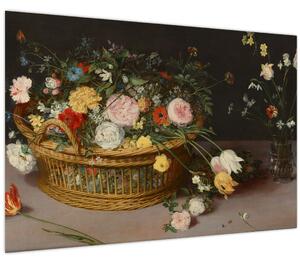 Slika - Jan Brueghel the Elder, Flowers in a Basket and a Vase, reprodukcije (90x60 cm)