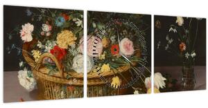 Slika - Jan Brueghel the Elder, Flowers in a Basket and a Vase, reprodukcije (sa satom) (90x30 cm)