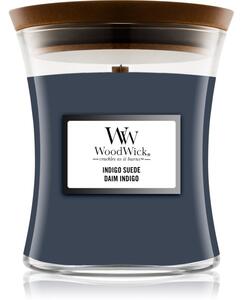 Woodwick Indigo Suede mirisna svijeća s drvenim fitiljem 85 g