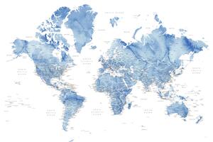 Karta Watercolor world map with cities in muted blue, Vance, Blursbyai