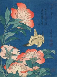 Reprodukcija Peonies and canary (1834), Katsushika Hokusai