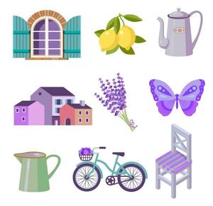 Ilustracija set of color flat vector icons for Provence travel, kukurikov, (40 x 40 cm)