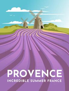 Ilustracija Provence lavender fields and windmills. Classic, Mariia Agafonova, (30 x 40 cm)