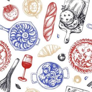Ilustracija French food seamless pattern, Ievgeniia Lytvynovych, (40 x 40 cm)