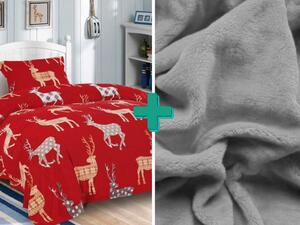 2x posteljina od mikropliša ZAKKI crvena + plahta od mikropliša SOFT 180x200 cm svijetlo siva