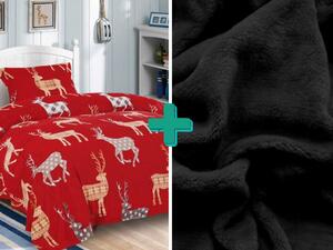 2x posteljina od mikropliša ZAKKI crvena + plahta od mikropliša SOFT 180x200 cm crna