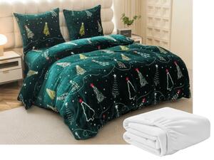 Set posteljine od mikropliša CHRISTMAS DRIFT zelene boje + plahta od mikropliša SOFT 90x200 cm bijele boje, za jedan krevet
