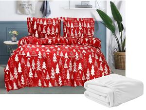 Set posteljine od mikropliša CHRISTMAS TREES crvena + plahta od mikropliša SOFT 180x200 cm bijela, bračni krevet