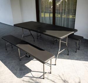 Sklopivi vrtni stol 180 cm + 2 klupe - crni