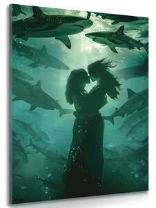Slika zagrljaj žena među morskim psima