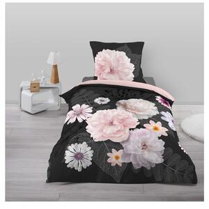 Crna/ružičasta flanelska posteljina za krevet za jednu osobu 140x200 cm Floral – douceur d'intérieur