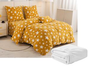 Set posteljine mikropliš STARS žuto-narančaste + plahta od mikropliša SOFT 180x200 cm bijela, za bračni krevet