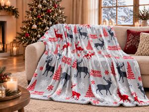 Božićna deka od mikropliša MERRY CHRISTMAS DEER siva Dimenzije: 160 x 200 cm
