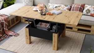 Mazzoni OSLO hrast artisan /crni mat, stolić za kavu sklopliv s funkcijom podizanja ploče stola