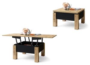 Mazzoni OSLO hrast artisan /crni mat, stolić za kavu sklopliv s funkcijom podizanja ploče stola