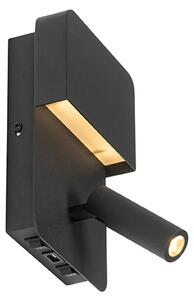 Zidna svjetiljka crna uključujući LED s USB-om i lampom za čitanje s prekidačem - Robin