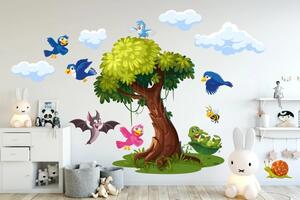 Zidna naljepnica za djecu sa drvom i sretnim pticama 60 x 120 cm