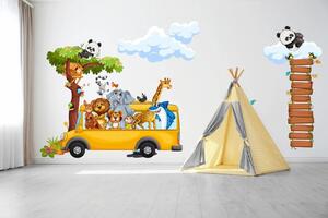 Zidna naljepnica za djecu sretne safari životinje u autobusu 80 x 160 cm