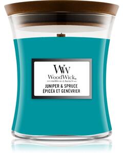 Woodwick Juniper & Spruce mirisna svijeća s drvenim fitiljem 275 g