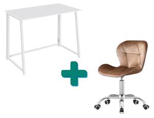 Set za ured – sklopivi radni stol ZARIMO 80×40 cm bijela + uredska stolica AVOLA VELVET svijetlo smeđa