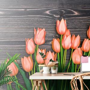 Fototapeta narančasti tulipani na drvenoj podlozi