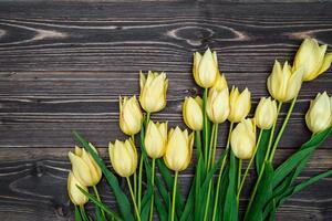 Fototapeta žuti tulipani na drvenoj podlozi