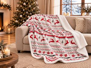 Božicna bijela mikropliš deka s imitacijom ovčjeg krzna RETRO CHRISTMAS Dimenzije: 200 x 220 cm