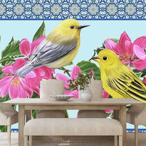 Tapeta ptičice i cvijeće u vintage stilu