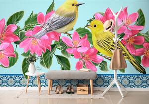 Tapeta ptičice i cvijeće u vintage stilu