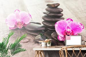 Fototapeta orhideja i Zen kamenje na drvu