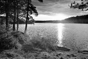Fototapeta zalazak sunca iznad jezera u crno-bijelom