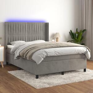 Krevet box spring s madracem LED svjetlosivi 140x200 cm baršun - Siva / 140 x 200 cm