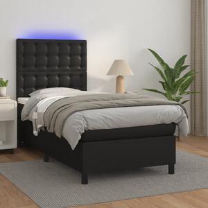 Krevet box spring s madracem LED crni 90x190 cm od umjetne kože - Crna / 90 x 190 cm