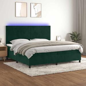 Krevet box spring s madracem LED tamnozeleni 200x200 cm baršun - Zelena / 200 x 200 cm