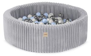 Plush Nest Suhi bazen, okrugli, 90x30 cm, sivi, pufnaste lamele (+200 bisernih kuglica, svijetloplava, srebrna)