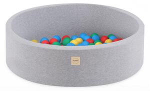 Bazen s lopticama Plush Nest, svijetlosiva, okrugla, pamučna, 90x30, 200 loptica: plava, žuta, crvena, zelena