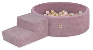 Plush Nest Suhi bazen za igralište 90x30 sa stepenicom (+200 loptica: biserne, zlatne, svijetlo ružičaste), ružičasti