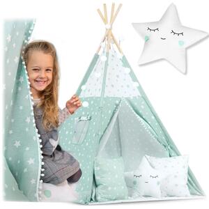 Dječji teepee šator sa svjetlima - mint sa zvijezdama