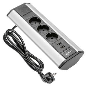 Kutna utičnica 3xšuko 2xUSB s kabelom siva