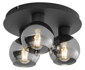 Art Deco stropna svjetiljka crna s dimnim staklom 3 svjetla - Vidro