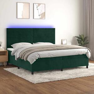 Krevet box spring s madracem LED tamnozeleni 200x200 cm baršun - Zelena / 200 x 200 cm