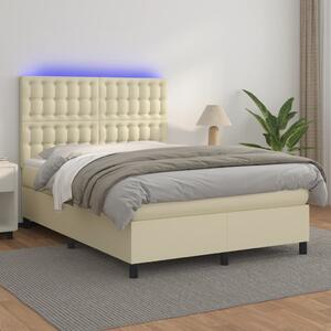 Krevet box spring s madracem LED krem 140x190cm od umjetne kože - Krema / 140 x 190 cm