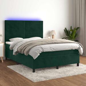 Krevet box spring s madracem LED tamnozeleni 140x190 cm baršun - Zelena / 140 x 190 cm
