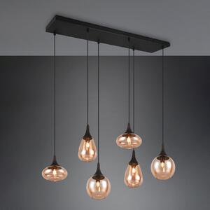 Trio Lighting Lumina viseća svjetiljka, 6 žarulja, crna/jantarna, staklo, prigušiva, Dnevni boravak/blagovaonica, Staklo