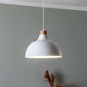 Envostar viseća svjetiljka Kaitt, bijela, Ø 34 cm, drveni detalj, prigušiva, Bijela, Dnevni boravak/blagovaonica, Metal
