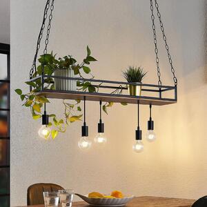 Lindby Kirista viseća lampa, 5 žarulja, crna/drvo, 100 cm, E27, prigušiva, Crno, Dnevni boravak/blagovaonica, Metal